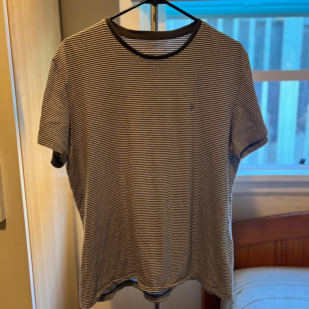 All Saints Black and Cream Micro-Stripe Crew Neck Tee